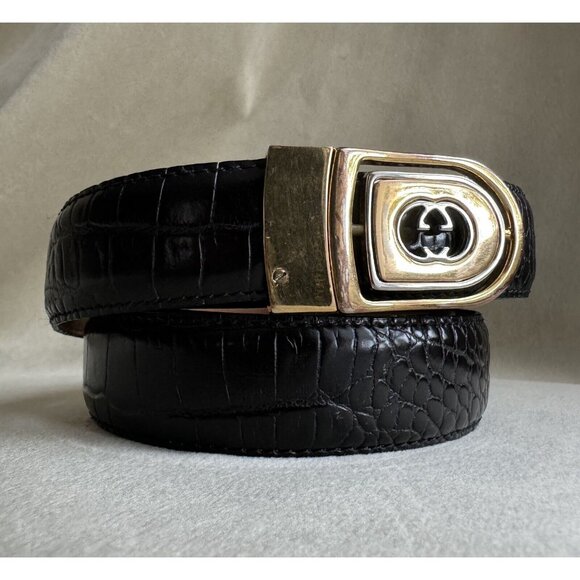 Gucci Vintage Buckle Croc Embossed Black Leather Belt 45 In - Picture 5 of 8